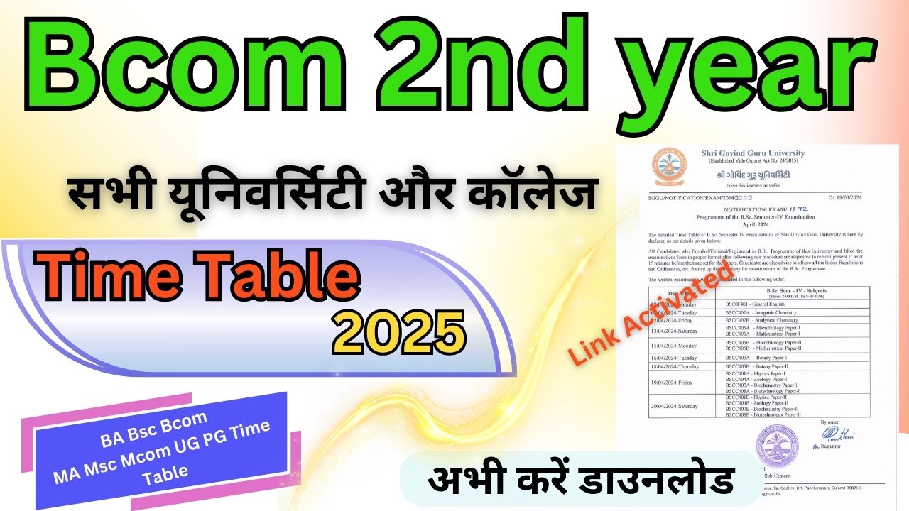 Bcom 2nd year Time Table 2025